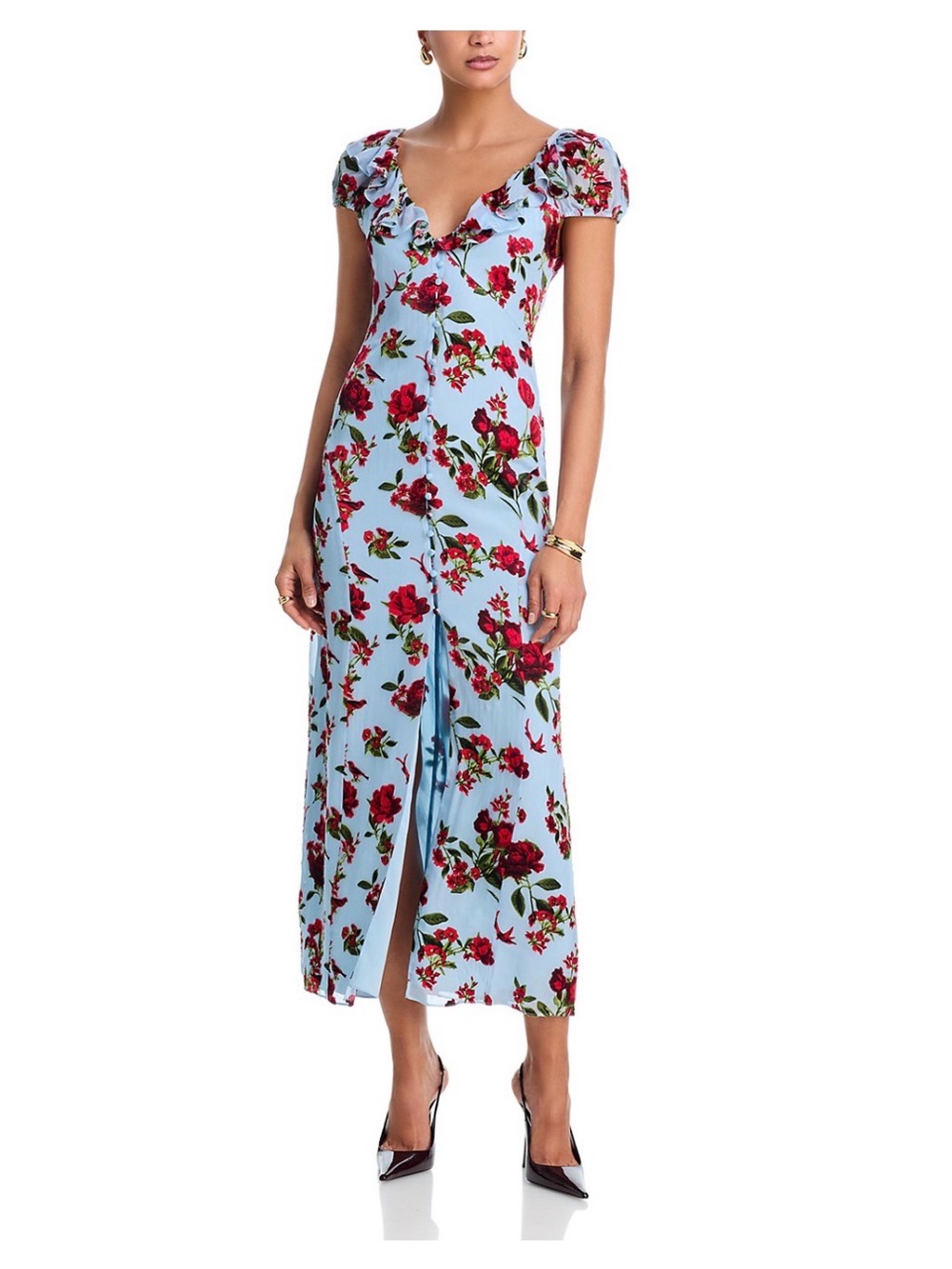 Alice + Olivia Light Blue Midi Dress with Red Floral Print